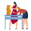 Two women counting coins on a table, one in red pondering, other in polka dots adding coins. Money management and