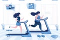 Two women with different figures running on treadmills. Skinny girl works out and thinks about junk food