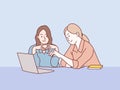 Two women discussing and arguing in front of a laptop simple korean style illustration