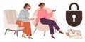Two women discussing privacy concerns with map and lock visuals symbolizing data security conversation Royalty Free Stock Photo