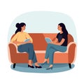 Two women dressed casually sitting on a sofa and having conversation. Vector illustration in cartoon style