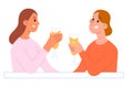 Two women drink champagne, hold glasses, female friends spend time together, celebrate, drink alcohol and talk, vector
