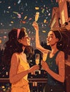 Two women drinking champagne on a balcony with confetti