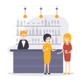 Two Women Drinking Cocktails at Bar Counter with Barman Making Drinks, Restaurant Interior in Hotel Cartoon Vector