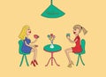 Two women drinking coffee. Hand-drawn flat illustration Royalty Free Stock Photo
