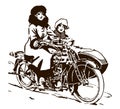 Two women from the early 20th century riding a classic motorcycle with sidecar