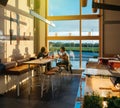 Two women eating pizza near large window in pizzeria