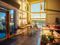 Two women eating pizza near large window in restaurant