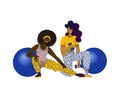 Two women are engaged in fitness with dumbbells and an inflatable ball. This happens in an unspecified place. One of