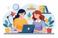 Two women are engaged in studying online, sharing knowledge in a bright, well-organized space, two women studying before online Royalty Free Stock Photo