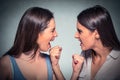 Two women fight. Angry girls looking at each other screaming