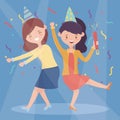 Two women friendly dancing happy celebration