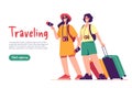 Two women friends travelers with backpacks holding passports and suitcases. Vector illusration