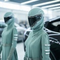 two women in green outfits standing in front of a car