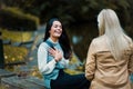 Two women having conversation in the park. Royalty Free Stock Photo