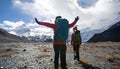 Two women hikers hiking in winter