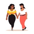 Two women holding hands, walking, smiling, enjoying companionship, diverse ethnicities, casual Royalty Free Stock Photo