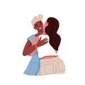 Two women hugging, greeting each other. Happy female friends meeting and embracing. Couple of girlfriends. Interracial Royalty Free Stock Photo