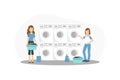 Two Women in Laundry Shop Room with Row of Industrial Washing Machines for Washing Clothes Vector Illustration