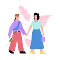 Women lesbian couple or LGBT activists with flag, vector illustration isolated.