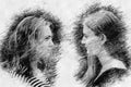 Two young women looking at each other in pencil drawing style