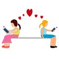 Two women are loving by mobile phone. Flat Cartoon Vector Illustration. Lesbian, LGBT concept.