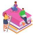 Two women and a man reading books on giant stack of books. Students studying together on big books. Learn and education Royalty Free Stock Photo