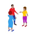 Two women and a man talk emotionally while standing. Scene of three people in isometric view. Isolated team of staff