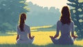 Two Women Meditating in the Meadow Relaxation and Wellness in Nature Painting