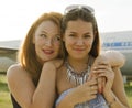 Two women mother and daughter met at the airport after trip Royalty Free Stock Photo