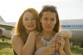 Two women mother and daughter met at the airport after trip Royalty Free Stock Photo