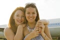 Two women mother and daughter met at the airport after trip Royalty Free Stock Photo