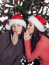 Two women near christmas tree gossip