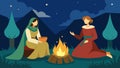 Two women in peasant dresses sit around a campfire trading stories of their roles in a medieval reenactment village Royalty Free Stock Photo