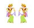 Two women perform a traditional Balinese dance in flat style, vector illustration