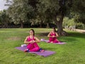 Two women practicing yoga or stretching in park on summer Royalty Free Stock Photo