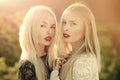 Two women with red lips and long blond hair