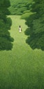 Endless Lawn: A Painting Of Two Men In A Serene Expanse Of Green Trees