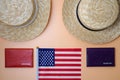 Two women`s beach straw hats, passports Royalty Free Stock Photo