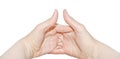 Two women`s hands of the same person, interlock fingers on white background. Clasped Hands, Inner side close up