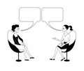 Two women sit on chairs and talk. Black and white vector illustration. Royalty Free Stock Photo
