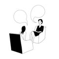 Two women sit on chairs and talk with bubbles. Black and white vector illustration. Royalty Free Stock Photo