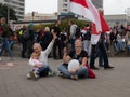 Two women sit with a child in their arms during a protest in the Republic of Belarus. 08.2020 Minsk Belarus