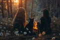 Two women sit by a fire in the woods with two black cats under the sunlight