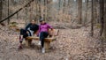 Two women sitting on a bench in the woods on a winter day Royalty Free Stock Photo