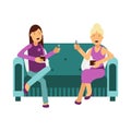 Two women sitting on a sofa talking and eating a cake Illustration Royalty Free Stock Photo