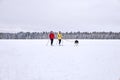 Two women skiers with husky dog in winter landscape