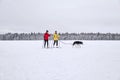 Two women skiers with husky dog in winter landscape