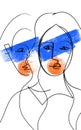 Two women stand one behind the other drawn by black pencil with colorful blue and orange strokes or smudges on their eyes and lips