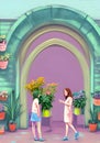 Two women Standing in Front of a Brightly Colored Arched Doorway with Blooming Plants and Flowers. Royalty Free Stock Photo